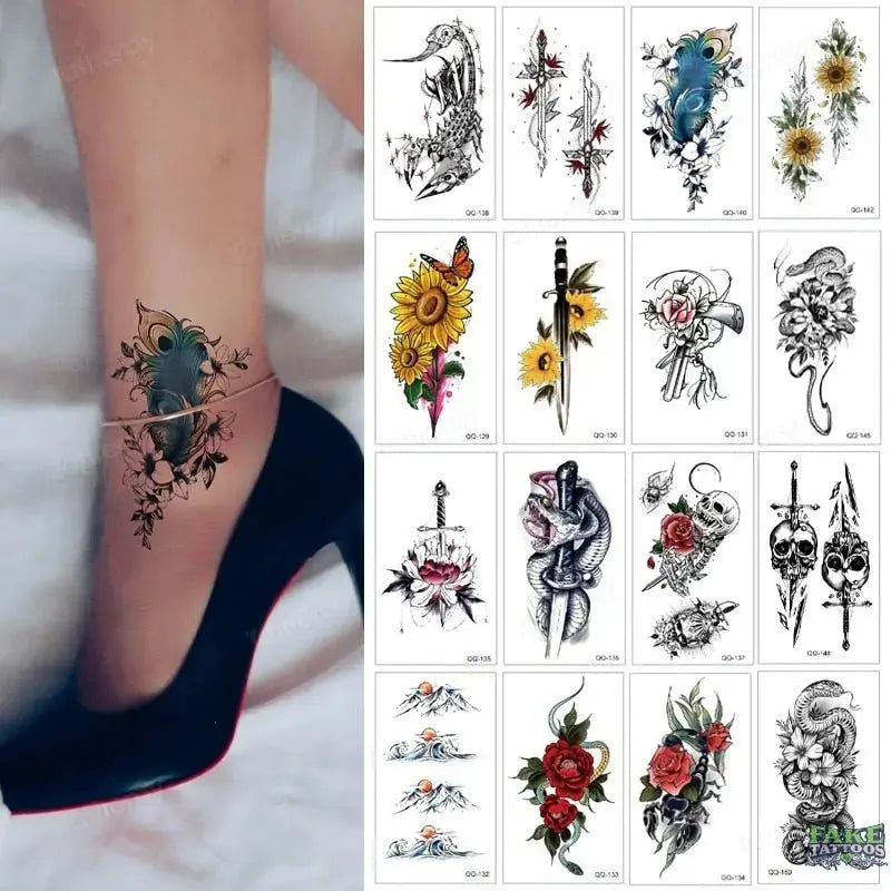 12Pcs Temporary Tattoo Women Butterfly Party Favors Lotus Sleeve Face Body Lily Feather Fake Tattoos