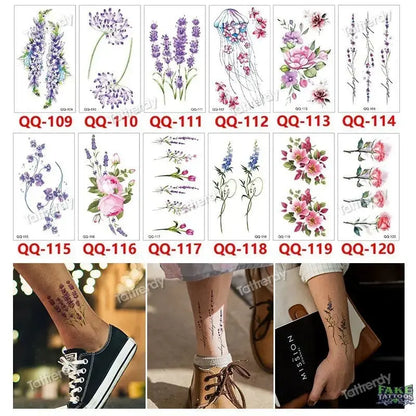 12Pcs Temporary Tattoo Women Butterfly Party Favors Lotus Sleeve Face Body Lily Feather Fake Tattoos