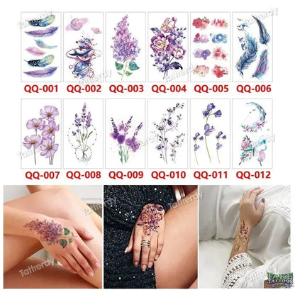 12Pcs Temporary Tattoo Women Butterfly Party Favors Lotus Sleeve Face Body Lily Feather Fake Tattoos