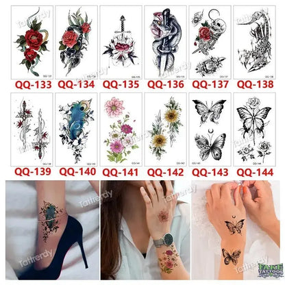 12Pcs Temporary Tattoo Women Butterfly Party Favors Lotus Sleeve Face Body Lily Feather Fake Tattoos