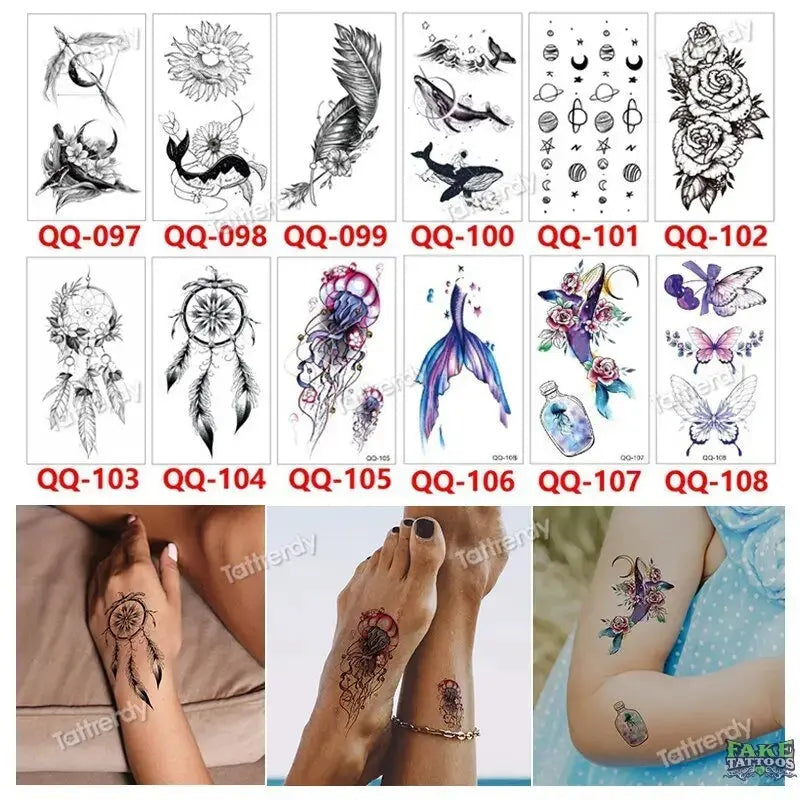 12Pcs Temporary Tattoo Women Butterfly Party Favors Lotus Sleeve Face Body Lily Feather Fake Tattoos