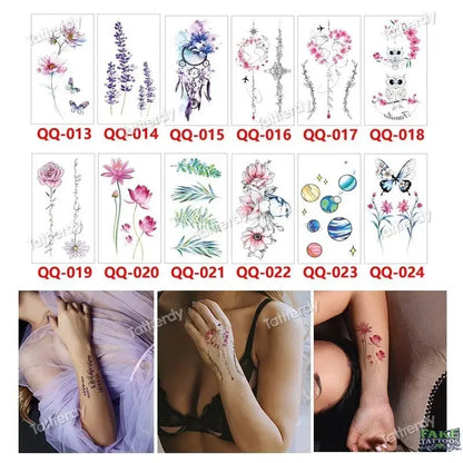 12Pcs Temporary Tattoo Women Butterfly Party Favors Lotus Sleeve Face Body Lily Feather Fake Tattoos