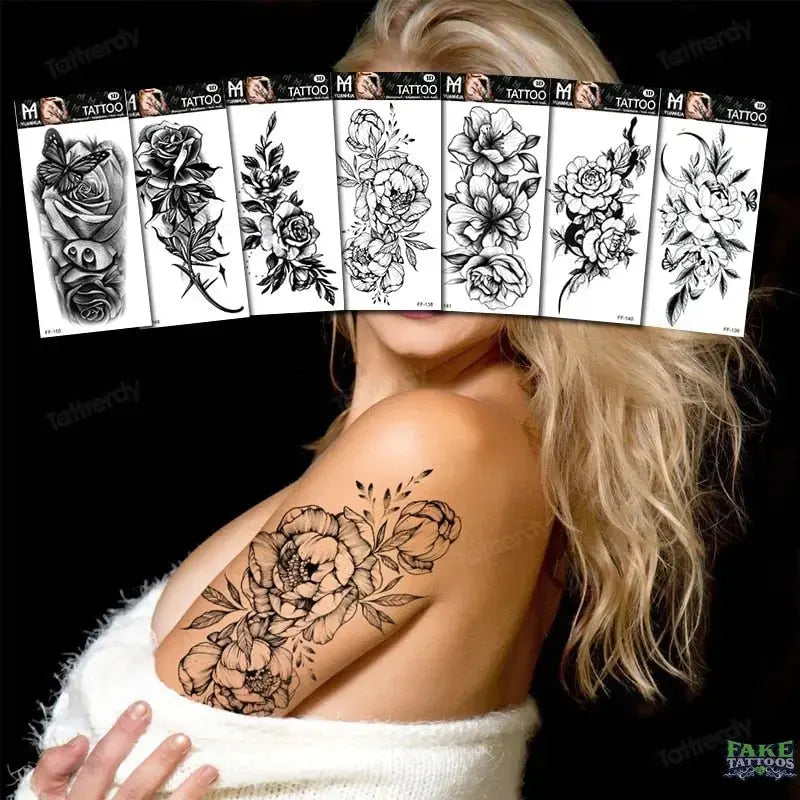 15Pcs Temporary Tattoos 3D Black Branch Rose Peony Flowers