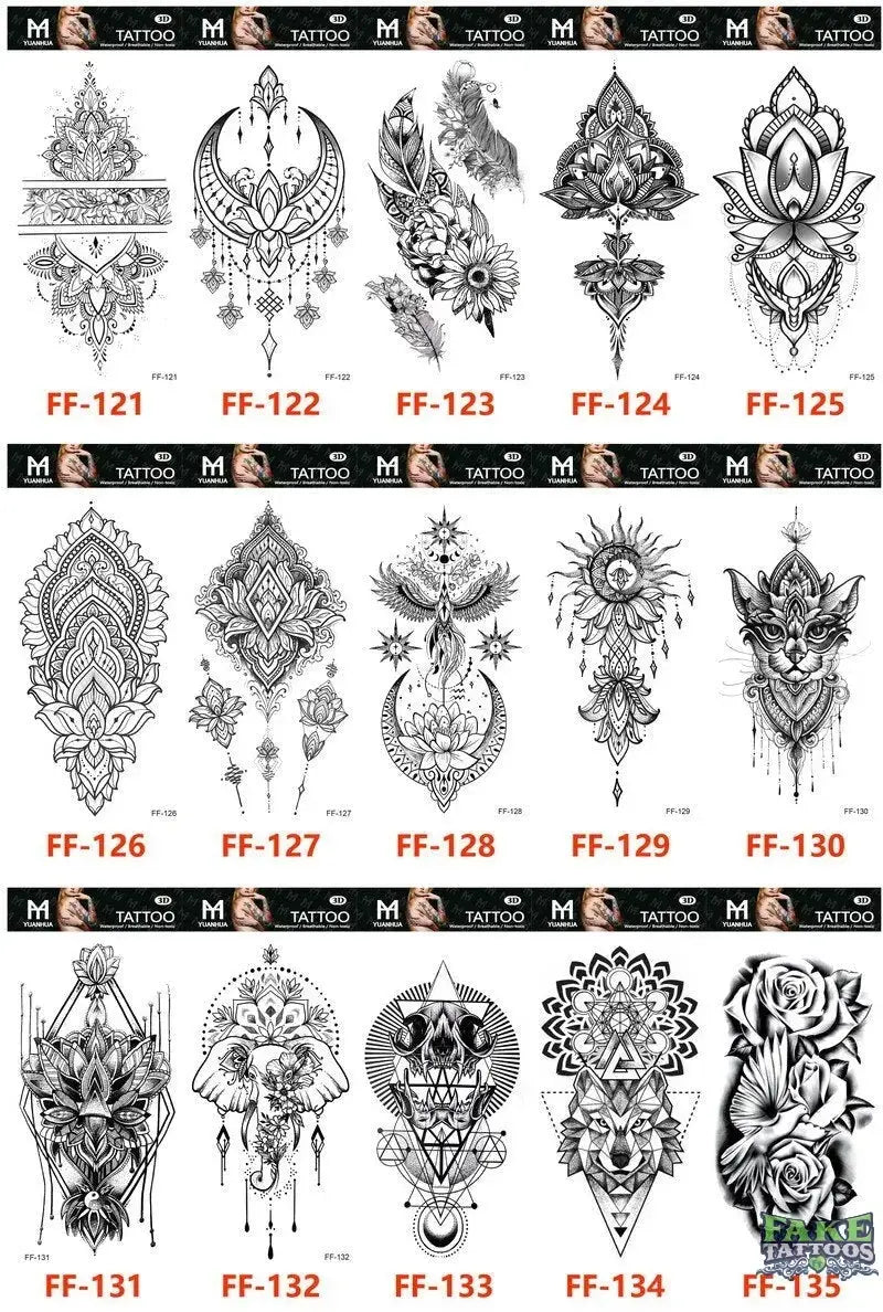 15Pcs Temporary Tattoos 3D Black Branch Rose Peony Flowers