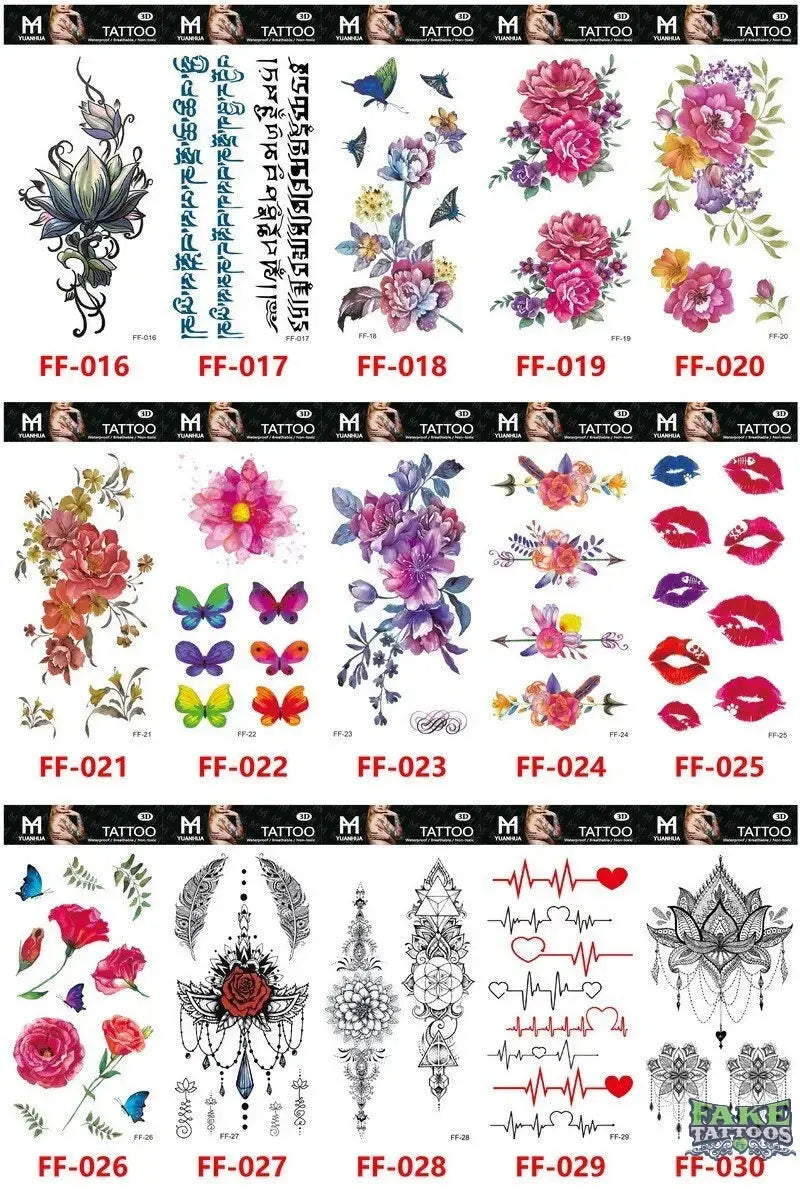 15Pcs Temporary Tattoos 3D Black Branch Rose Peony Flowers