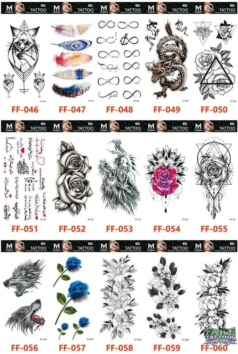 15Pcs Temporary Tattoos 3D Black Branch Rose Peony Flowers