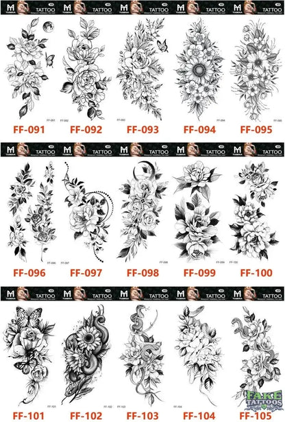 15Pcs Temporary Tattoos 3D Black Branch Rose Peony Flowers