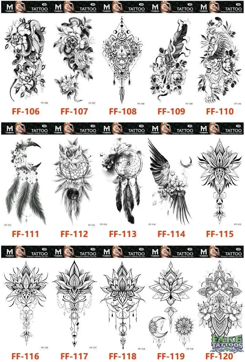 15Pcs Temporary Tattoos 3D Black Branch Rose Peony Flowers