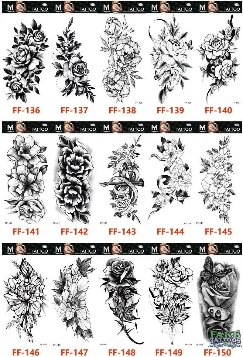 15Pcs Temporary Tattoos 3D Black Branch Rose Peony Flowers