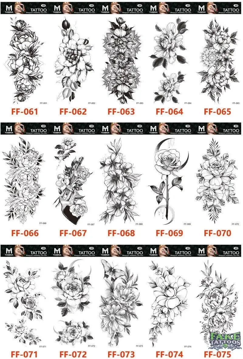 15Pcs Temporary Tattoos 3D Black Branch Rose Peony Flowers