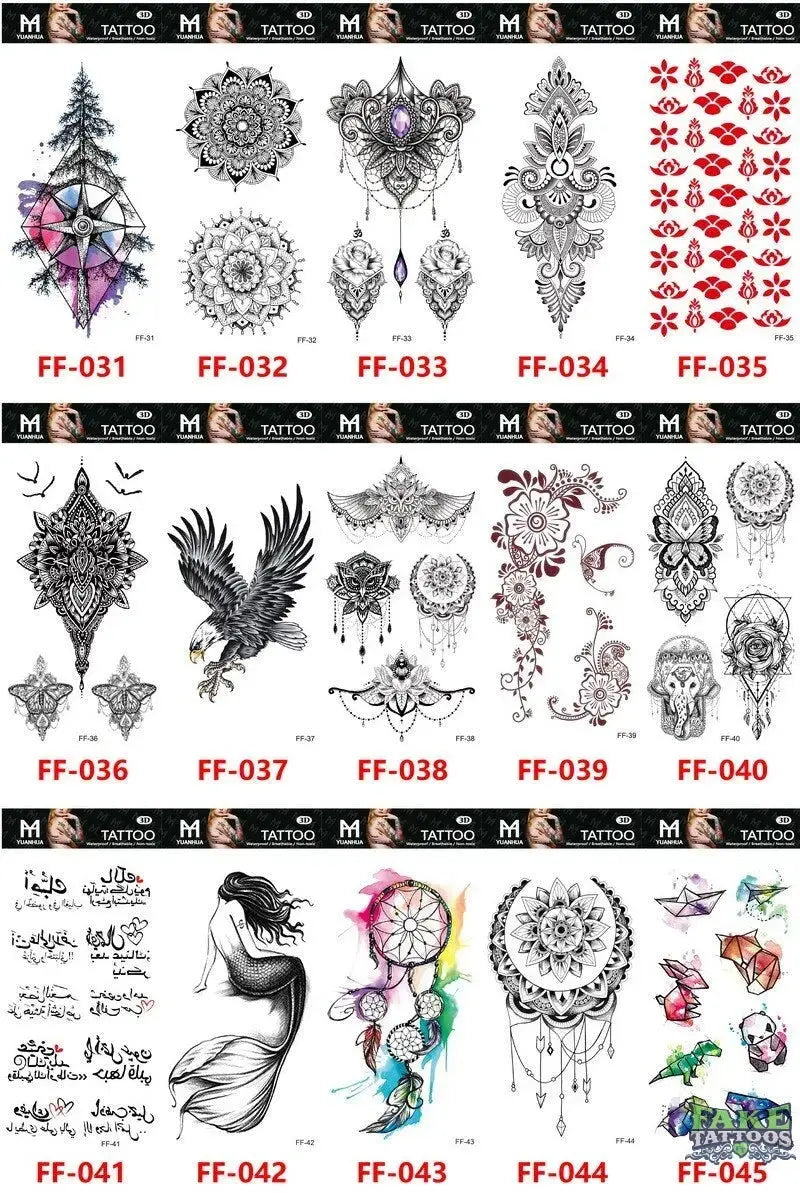 15Pcs Temporary Tattoos 3D Black Branch Rose Peony Flowers