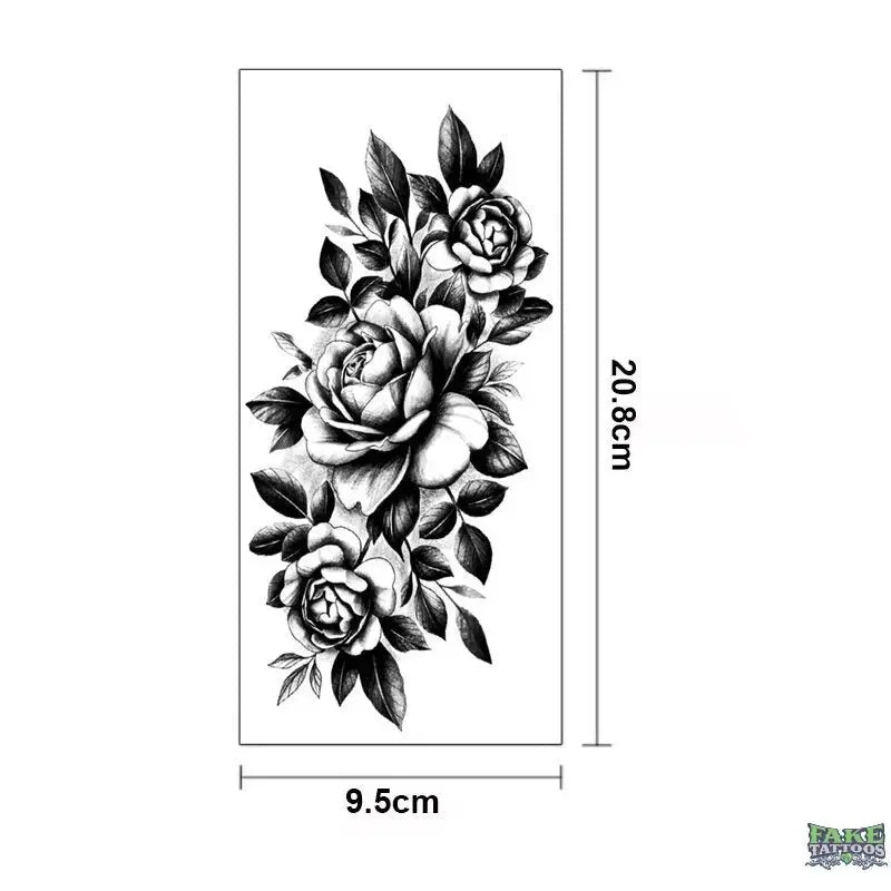 15Pcs Temporary Tattoos 3D Black Branch Rose Peony Flowers