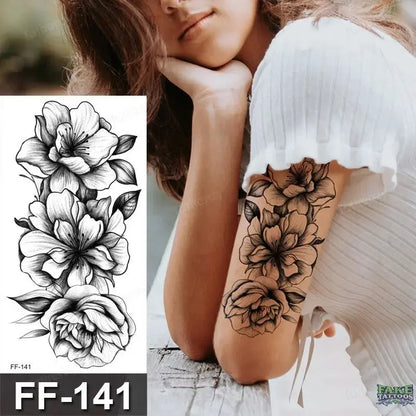 15Pcs Temporary Tattoos 3D Black Branch Rose Peony Flowers