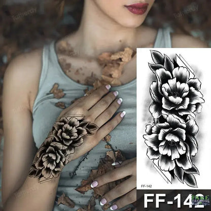 15Pcs Temporary Tattoos 3D Black Branch Rose Peony Flowers