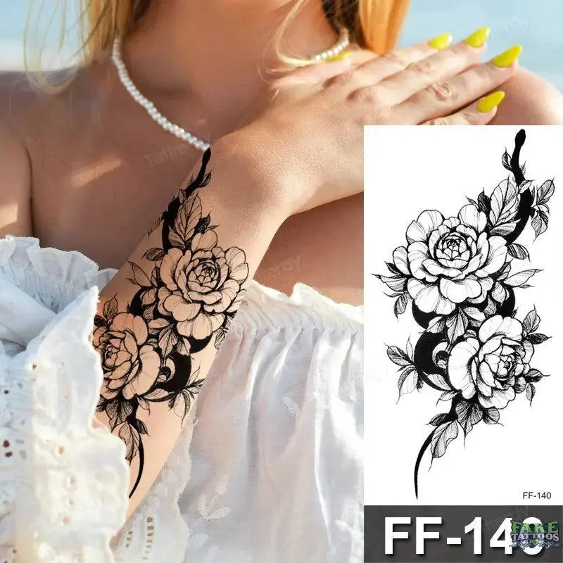 15Pcs Temporary Tattoos 3D Black Branch Rose Peony Flowers