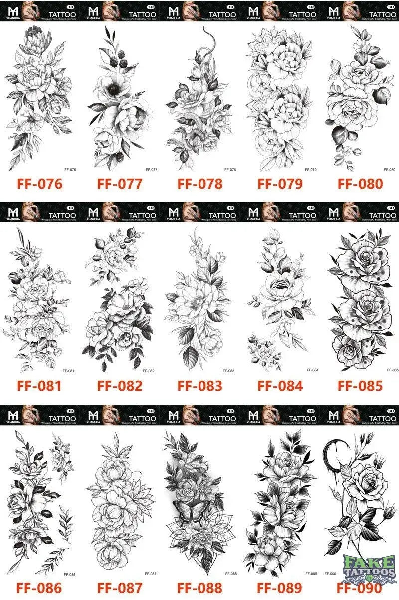 15Pcs Temporary Tattoos 3D Black Branch Rose Peony Flowers