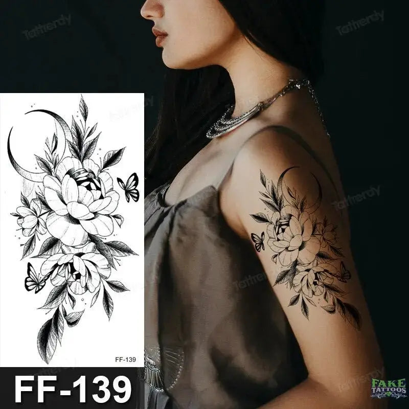 15Pcs Temporary Tattoos 3D Black Branch Rose Peony Flowers