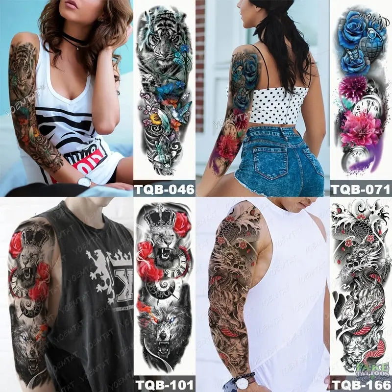 6pcs Color Tiger Wolf Large Arm Sleeve Tattoo Prajna Dragon Waterproof Temporary Tattoo Sticker Body Art Fake Tatoo Men Women