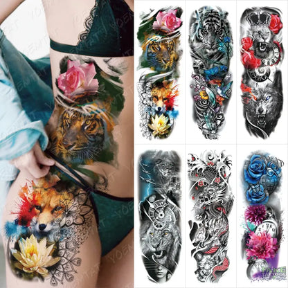 6pcs Color Tiger Wolf Large Arm Sleeve Tattoo Prajna Dragon Waterproof Temporary Tattoo Sticker Body Art Fake Tatoo Men Women