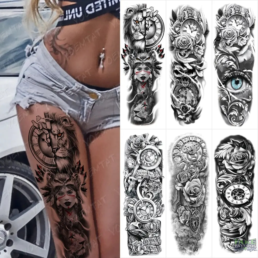 6pcs Color Tiger Wolf Large Arm Sleeve Tattoo Prajna Dragon Waterproof Temporary Tattoo Sticker Body Art Fake Tatoo Men Women