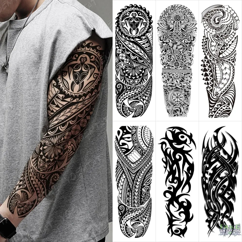 6pcs Large Arm Sleeve Tattoos Turtle Maori Tribe Totem Tiger Waterproof Temporary Tattoo Sticker Men Women Body Art Fake Tattoo