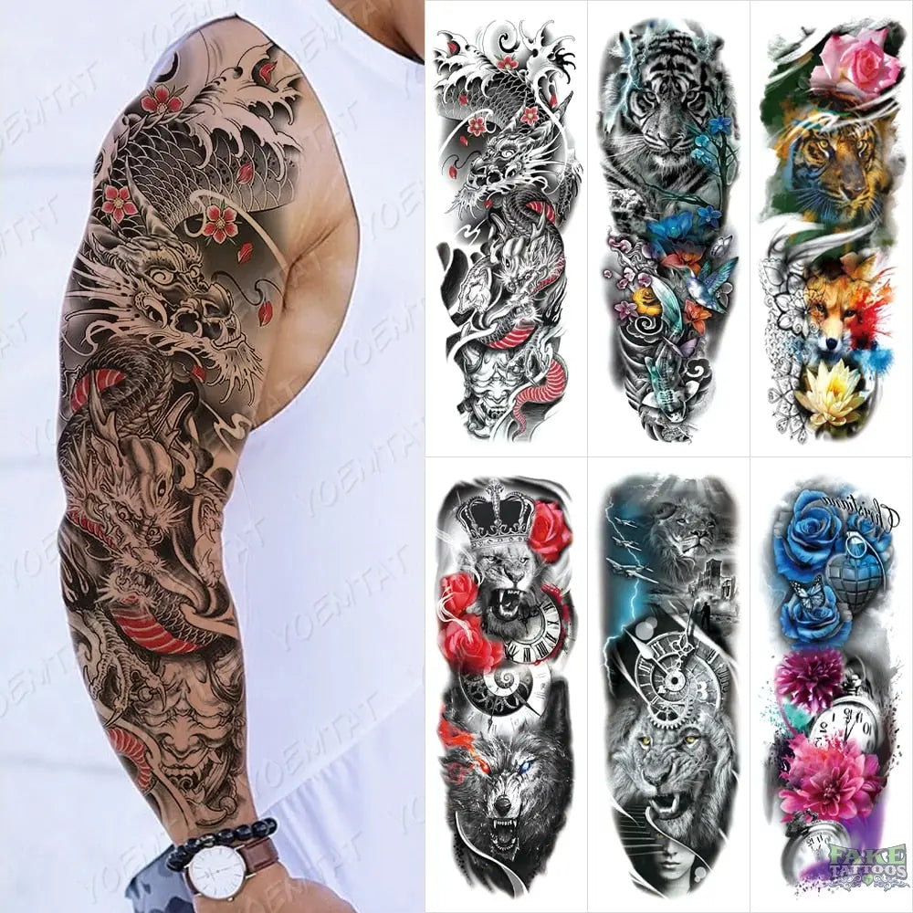 6pcs Large Arm Sleeve Tattoos Turtle Maori Tribe Totem Tiger Waterproof Temporary Tattoo Sticker Men Women Body Art Fake Tattoo