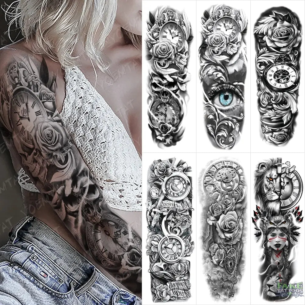 6pcs Large Arm Sleeve Tattoos Turtle Maori Tribe Totem Tiger Waterproof Temporary Tattoo Sticker Men Women Body Art Fake Tattoo