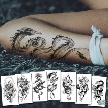 Adult Temporary Tattoos Waterproof Body Art Sexy Snake Dragon Totem Tattoo Women Men Arm Sleeve Leg Black Forest Tattoo Fake