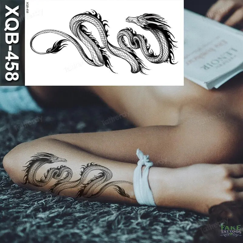 Adult Temporary Tattoos Waterproof Body Art Sexy Snake Dragon Totem Tattoo Women Men Arm Sleeve Leg Black Forest Tattoo Fake