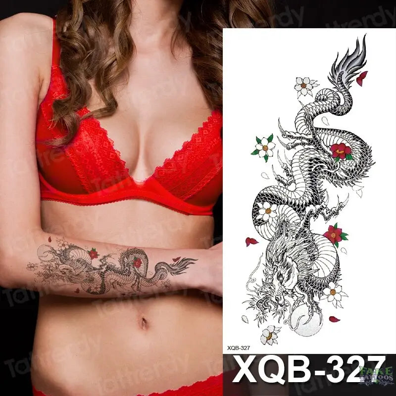 Adult Temporary Tattoos Waterproof Body Art Sexy Snake Dragon Totem Tattoo Women Men Arm Sleeve Leg Black Forest Tattoo Fake