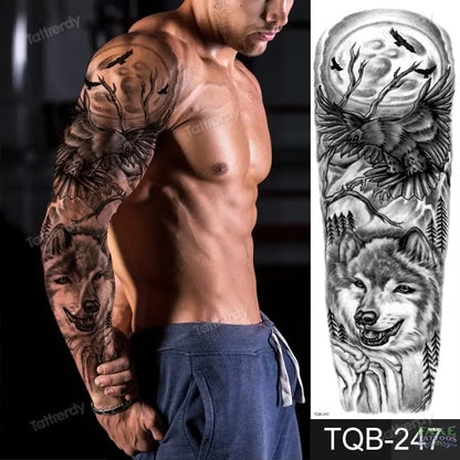 Amazing Temporary Tattoos men large full arm sleeve tattoo god wolf moon dragon lion king tiger forest tattoo designs big body