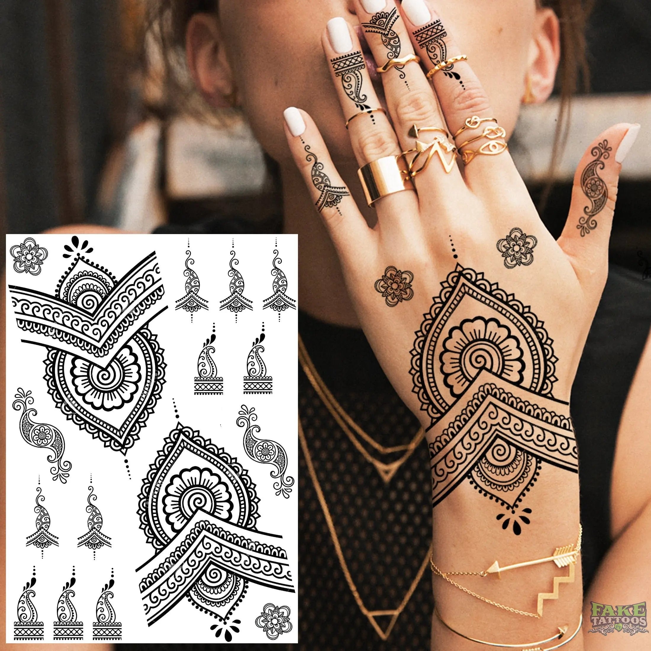 Buy Gold Henna Temporary Tattoo, Flash Bride Wedding Tattoos Gold Blue Lace  Tattoo Waterproof Body Fake Tattoo Henna Tattoo Stickers for Women Festival  Clothing Accessories(gold) Online at desertcartINDIA