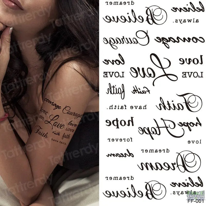 Black Text Waterproof Temporary Tattoo Stickers Couple Arm English Word  Flower Letter Arabic Word Body Art Flash Tatto Women Men - Temporary Tattoos  - AliExpress