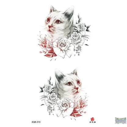 Cat Flowers Roses Temporary Tattoo