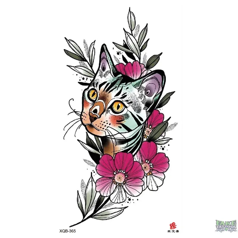 Cat Flowers Temporary Tattoos Fake Tattoos