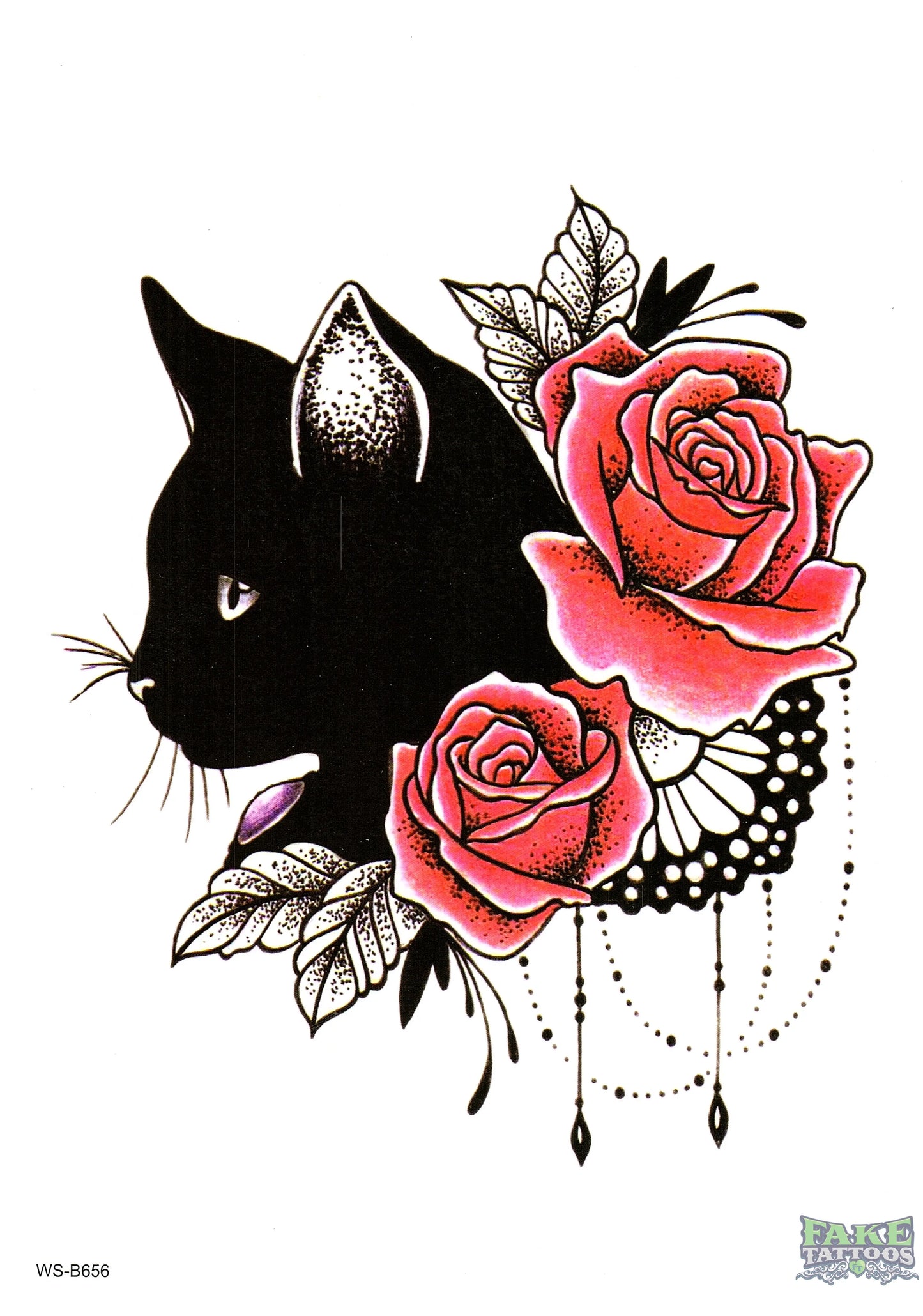 Cat Roses Flowers Temporary Tattoo Fake Tattoos