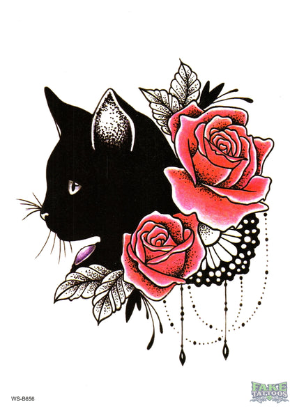 Cat Roses Flowers Temporary Tattoo Fake Tattoos