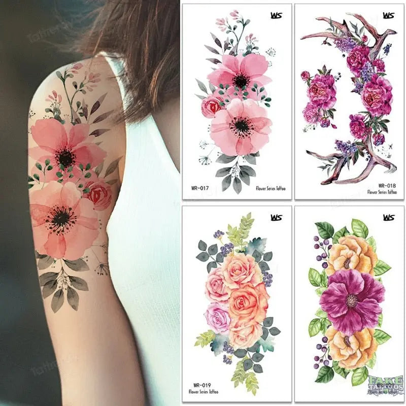 Fake Tattoo Temporary Waterproof Stickers Sexy Girls Red Rose Flower Body Art Ephemeral Peony Daisy Floral Tattoos for Women