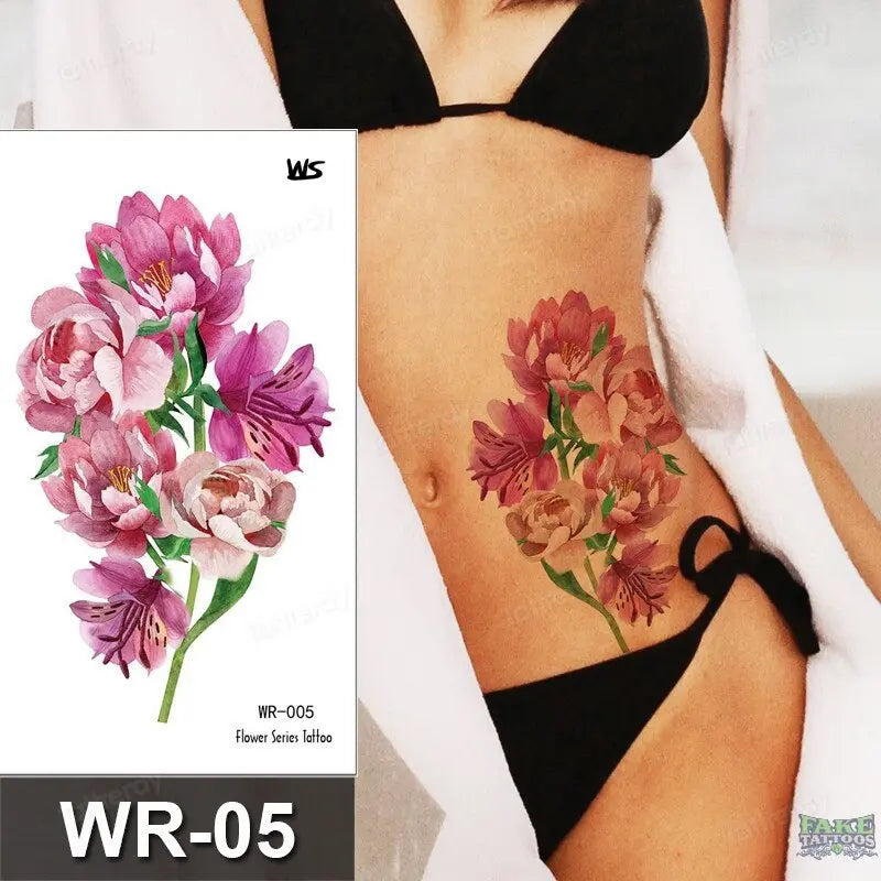 Fake Tattoo Temporary Waterproof Stickers Sexy Girls Red Rose Flower Body Art Ephemeral Peony Daisy Floral Tattoos for Women