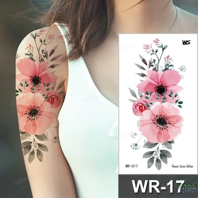 Fake Tattoo Temporary Waterproof Stickers Sexy Girls Red Rose Flower Body Art Ephemeral Peony Daisy Floral Tattoos for Women