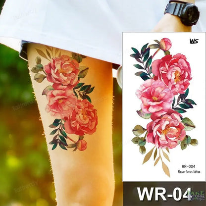 Fake Tattoo Temporary Waterproof Stickers Sexy Girls Red Rose Flower Body Art Ephemeral Peony Daisy Floral Tattoos for Women