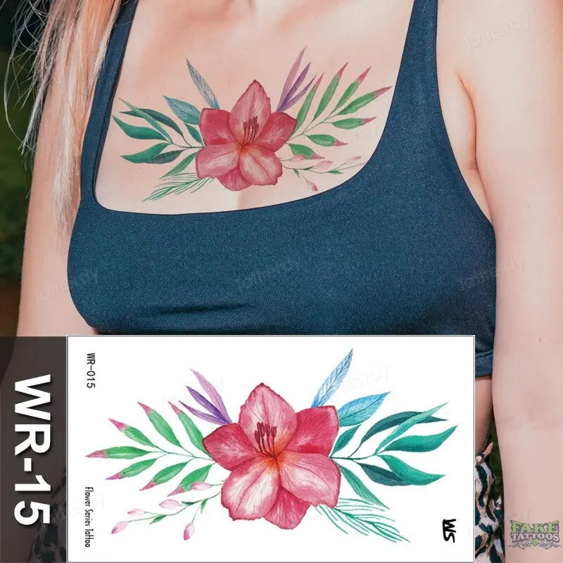 Fake Tattoo Temporary Waterproof Stickers Sexy Girls Red Rose Flower Body Art Ephemeral Peony Daisy Floral Tattoos for Women