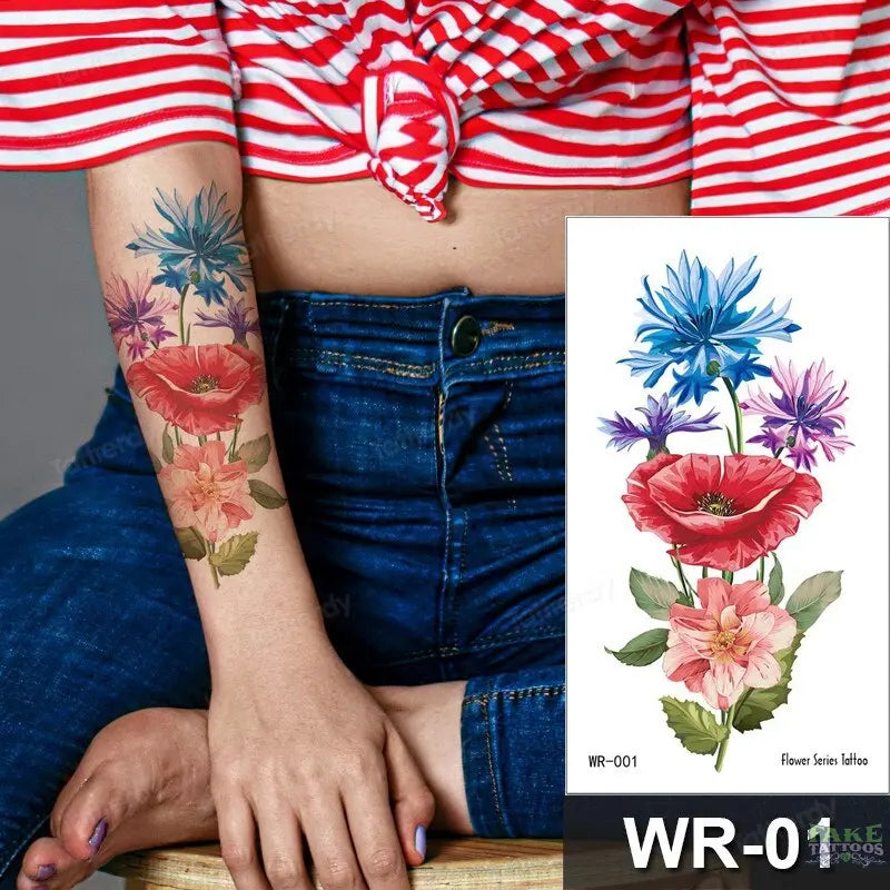 Fake Tattoo Temporary Waterproof Stickers Sexy Girls Red Rose Flower Body Art Ephemeral Peony Daisy Floral Tattoos for Women