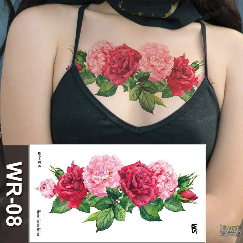 Tatuaje falso pegatinas temporales impermeables chicas sexys flor rosa roja arte corporal efímero peonía Margarita tatuajes florales para mujeres