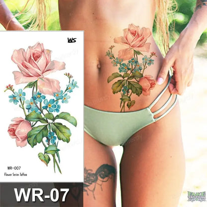 Fake Tattoo Temporary Waterproof Stickers Sexy Girls Red Rose Flower Body Art Ephemeral Peony Daisy Floral Tattoos for Women