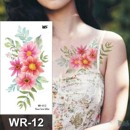 Fake Tattoo Temporary Waterproof Stickers Sexy Girls Red Rose Flower Body Art Ephemeral Peony Daisy Floral Tattoos for Women