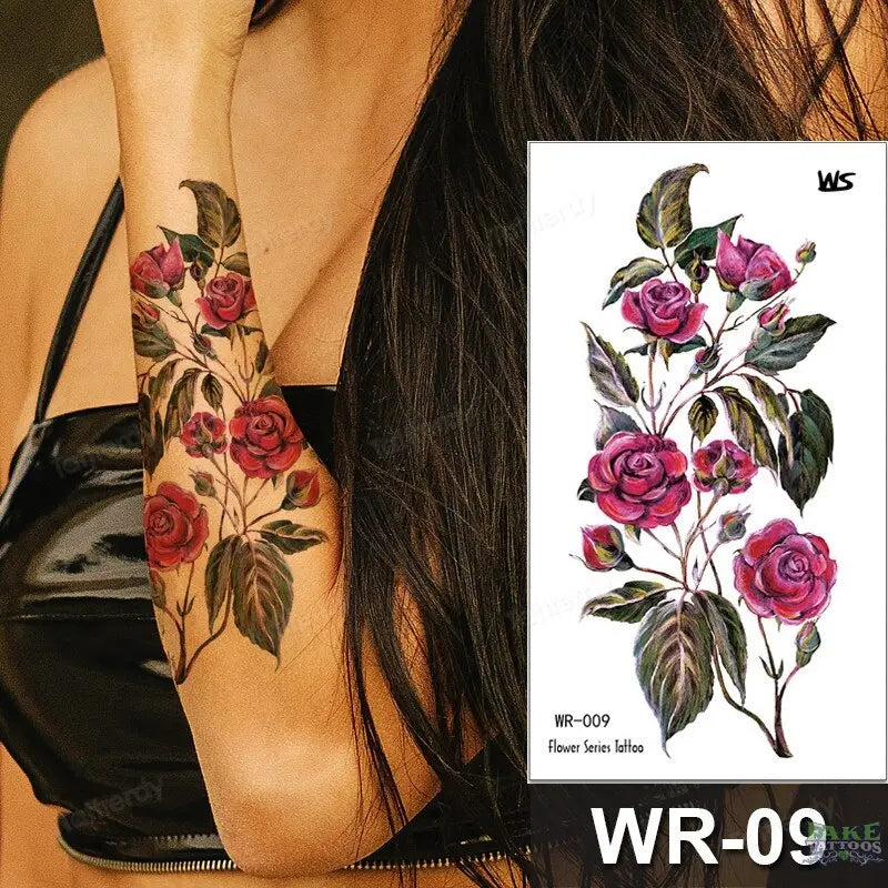 Fake Tattoo Temporary Waterproof Stickers Sexy Girls Red Rose Flower Body Art Ephemeral Peony Daisy Floral Tattoos for Women