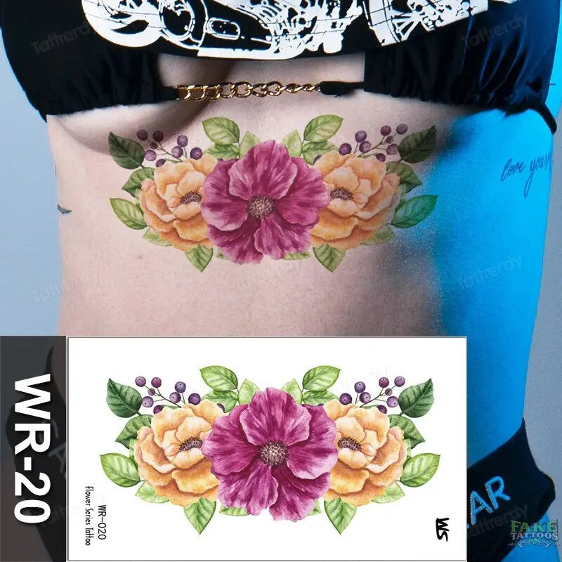 Fake Tattoo Temporary Waterproof Stickers Sexy Girls Red Rose Flower Body Art Ephemeral Peony Daisy Floral Tattoos for Women