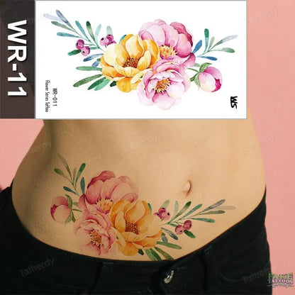 Fake Tattoo Temporary Waterproof Stickers Sexy Girls Red Rose Flower Body Art Ephemeral Peony Daisy Floral Tattoos for Women