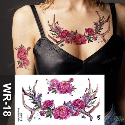 Fake Tattoo Temporary Waterproof Stickers Sexy Girls Red Rose Flower Body Art Ephemeral Peony Daisy Floral Tattoos for Women